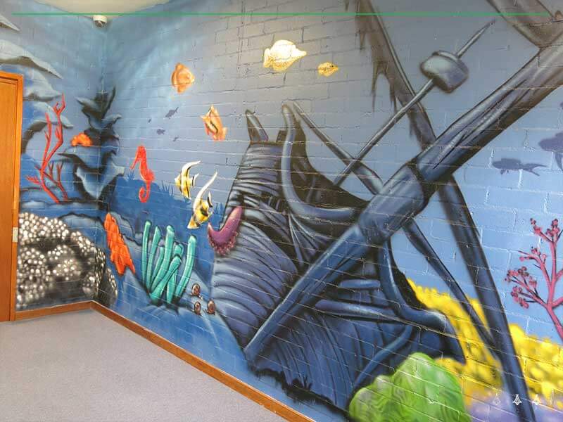 section of a immersive underwater mural at a school in Sydney's West