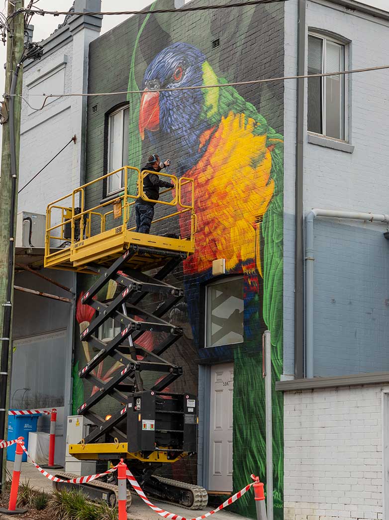 Blackbook Ink artist painting a large scale mural in West Ryde
