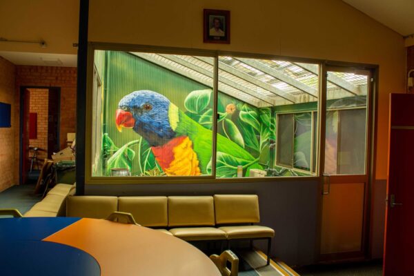 View of mural from inside looking into the Atrium