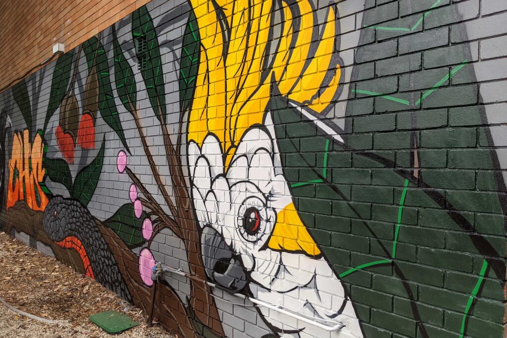 Caringbah-High-Mural-workshop-4 stylised cockatoo mural painted as part of a mural workshop