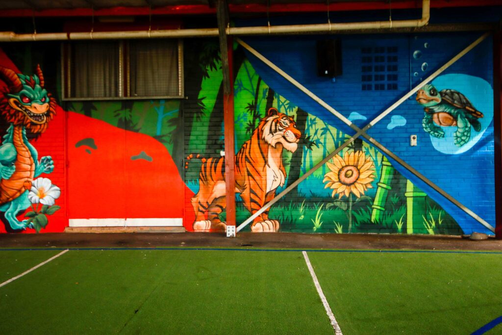 Glenwood-Public-Multi-Cultural-Mural-4 Tiger painted as part of a Multi Cultural mural at Glenwood Public School