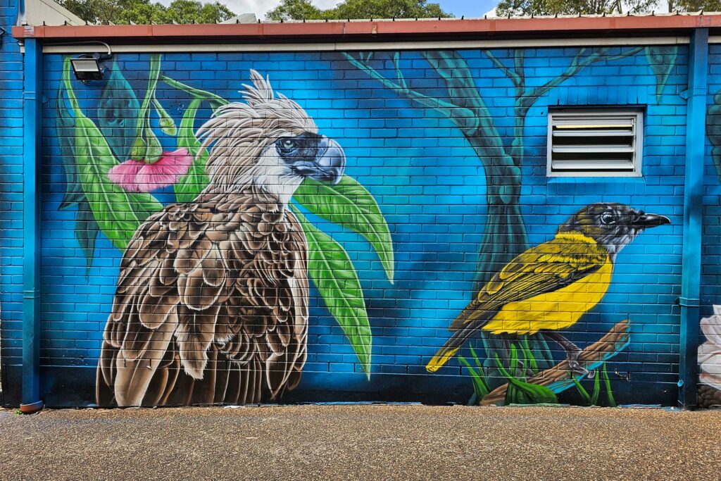 Thomas-Acres-Ps-Native-Mural-4 Bird art painted at a Western Sydney school