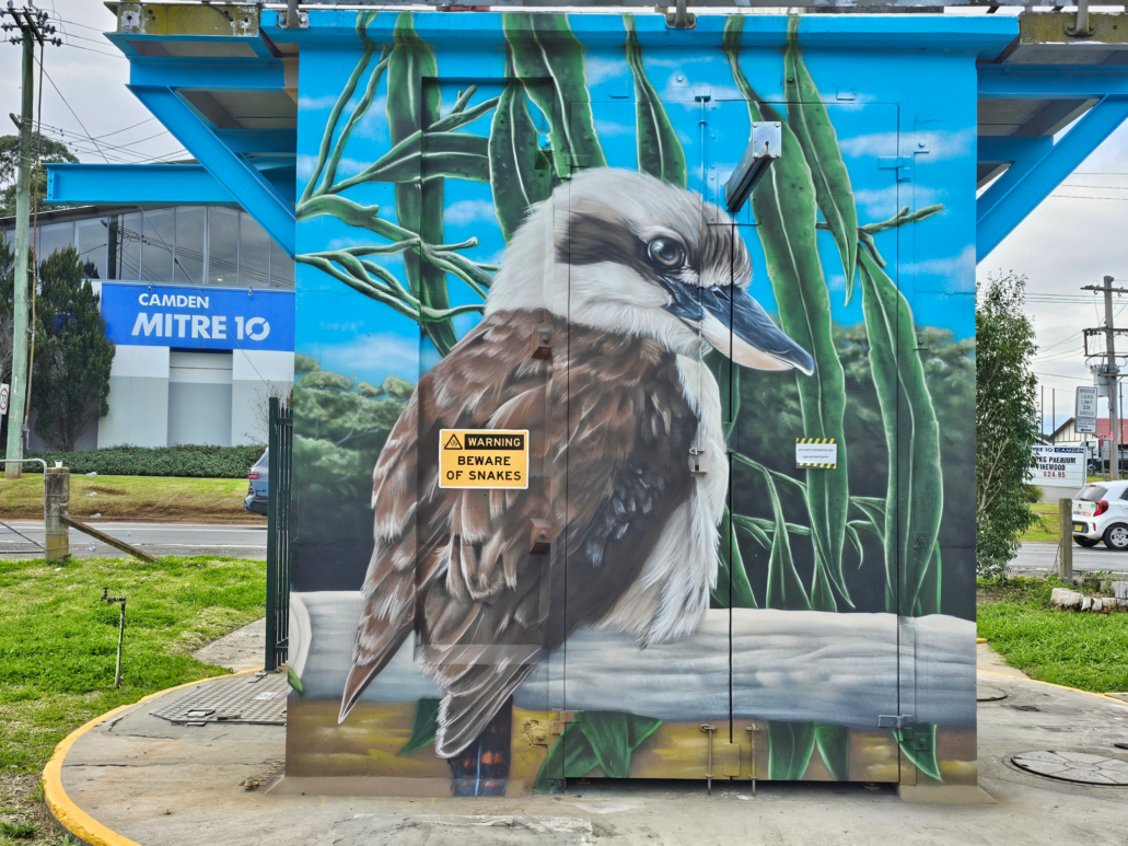 Vivid mural of a kookaburra bird on Camden Pump Station in NSW.