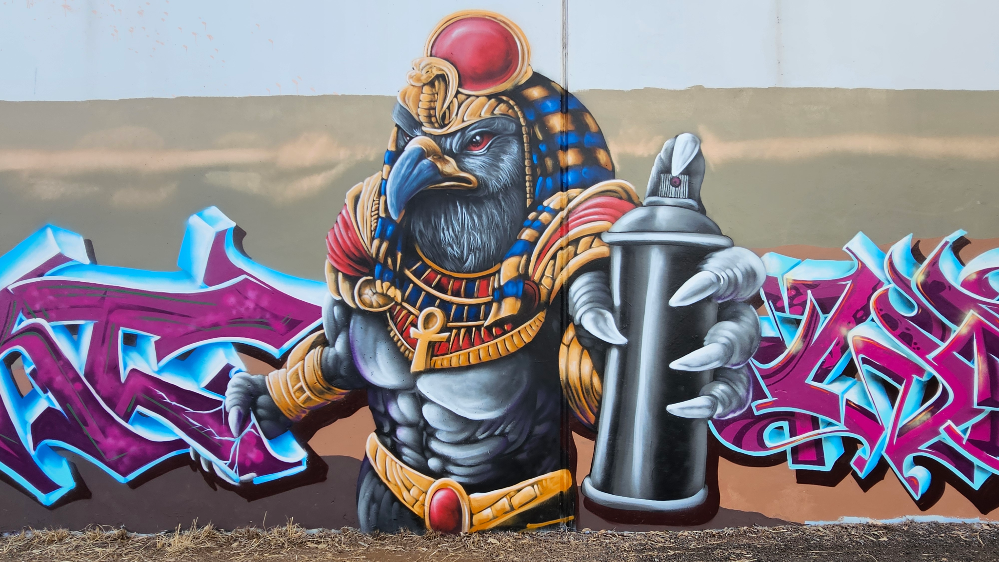M5 Motorway graffiti mural project 1 Detailed Egyptian inspired graffiti artwork painted by Sydney graffiti artists