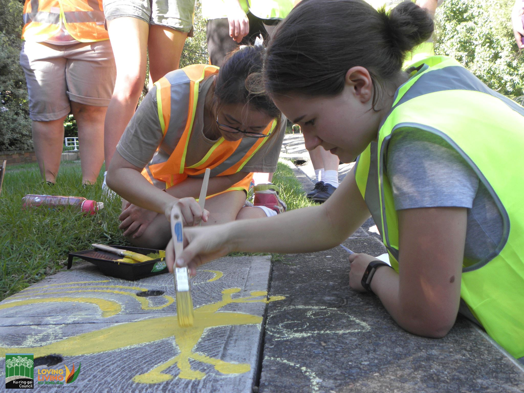 School students mural workshop Students working on painting footpath as part of school workshop in Gordon